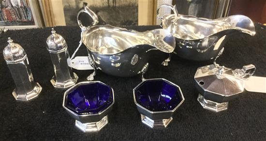 Pair of silver sauce boats, Chester 1931 & a Goldsmiths & Silversmiths Co.  Ltd 5-piece condiment set